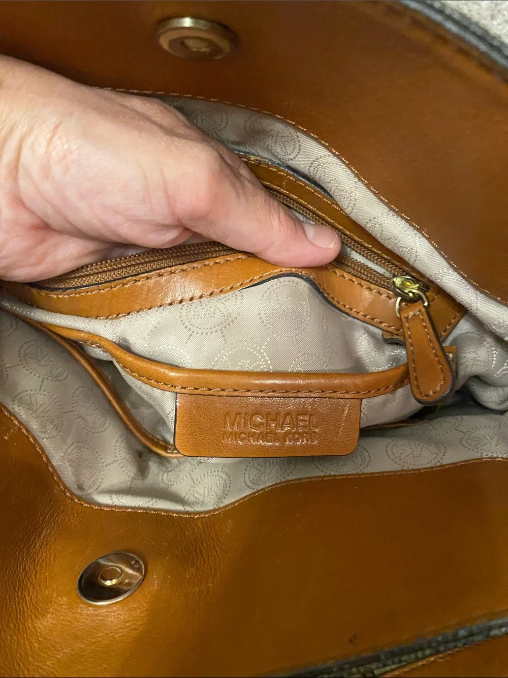 Michael Kors Brown and Tan Monogram Tote with Gold Hardware large Hamilton